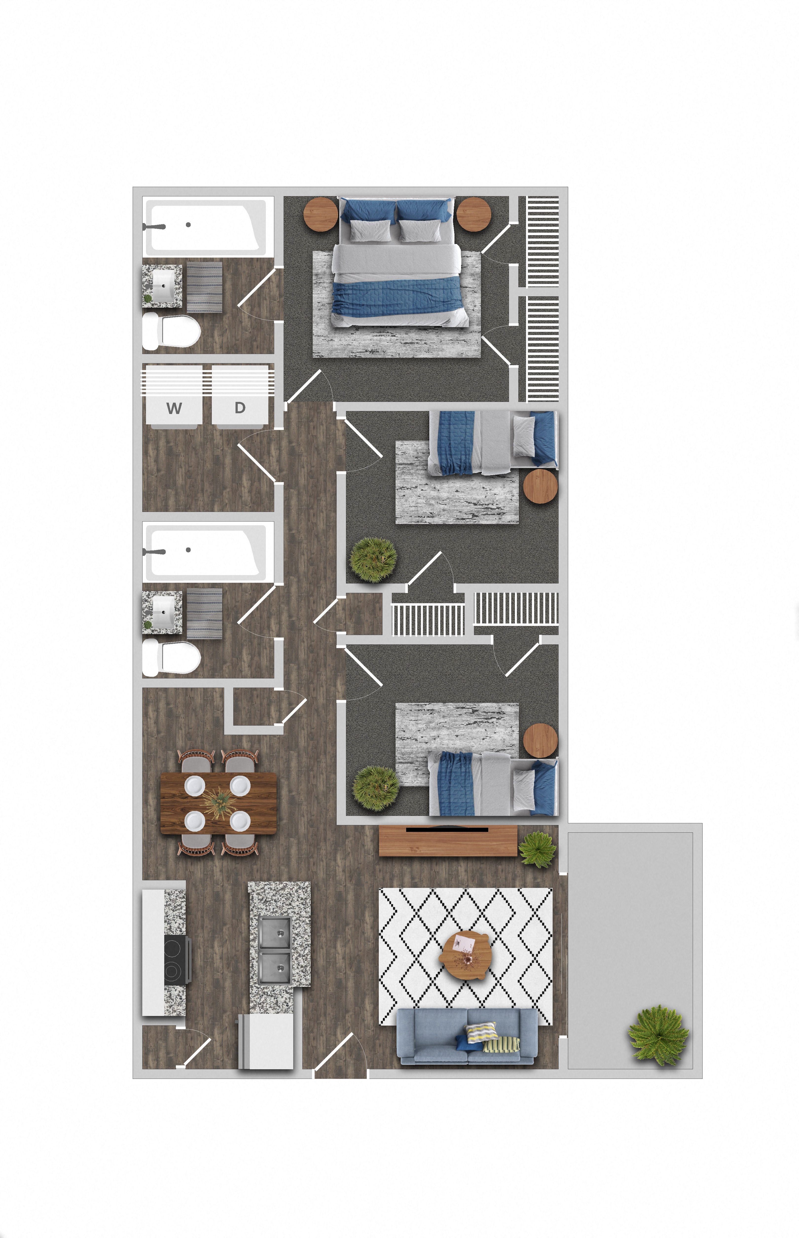 Floor plan for 3 beds, 2 baths, 1344 sqft